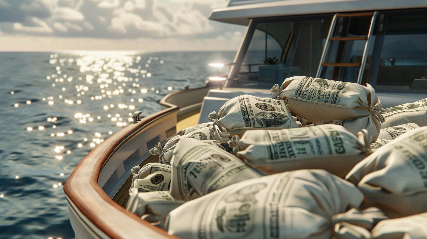 Bags of money on the deck of a Yacht